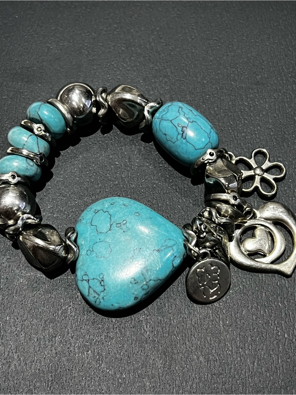 Turquoise Heart Stone Silver Charm Bracelet - Faux Indian Jewelry